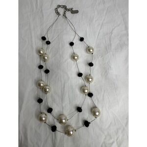 Kissaka Layered Faux Pearl Black Bead Statement Necklace Silver Tone Chain